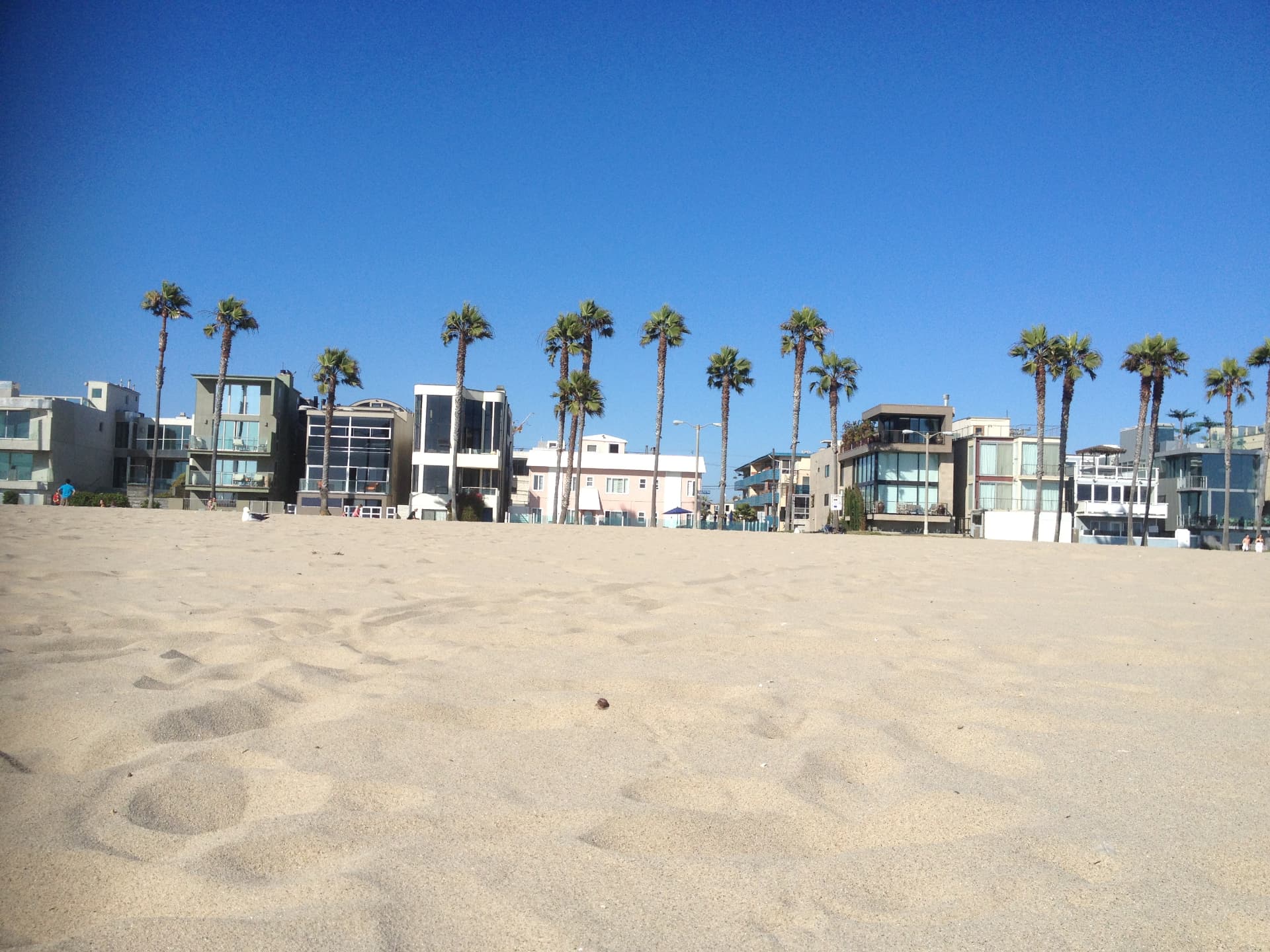 Palmbomen en strandhuizen aan Venice Beach in Californië